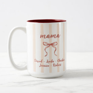 Caneca De Café Em Dois Tons Listras de Aquarela Rosa com Laço Nomes da Mamãe e