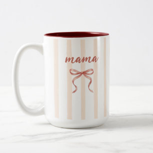 Caneca De Café Em Dois Tons Listras e Laço Rosa Chic em Aquarela Mamãe Persona