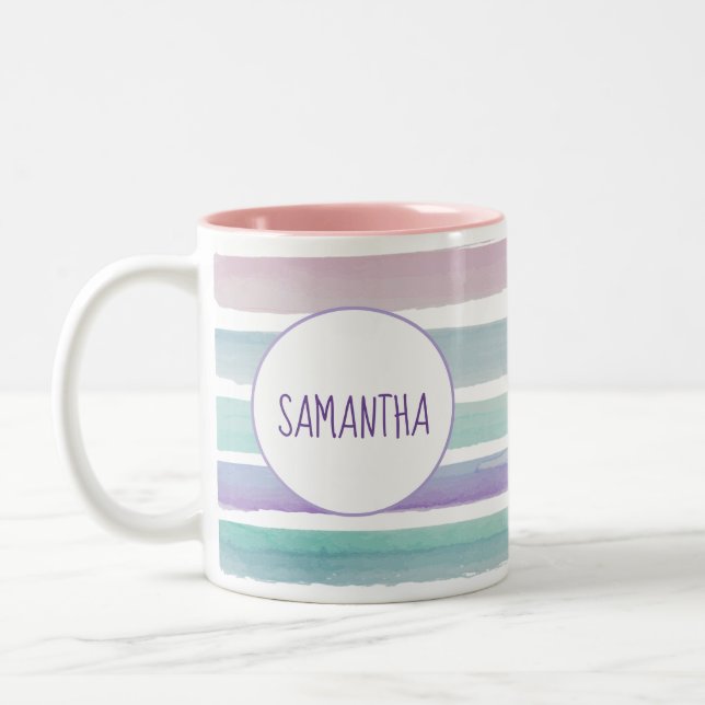 Caneca De Café Em Dois Tons Listras Pastéis Rosa Azul Roxo (Esquerda)