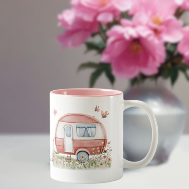 Caneca De Café Em Dois Tons Little Pink Glamper Camper with Butterflies (Criador carregado)