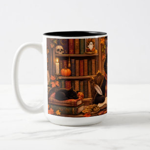 Caneca De Café Em Dois Tons Livraria de Gatos Pretos Aconchegantes Halloween