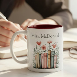 Caneca De Café Em Dois Tons Livros Empilhados Florais Personalizados Professor