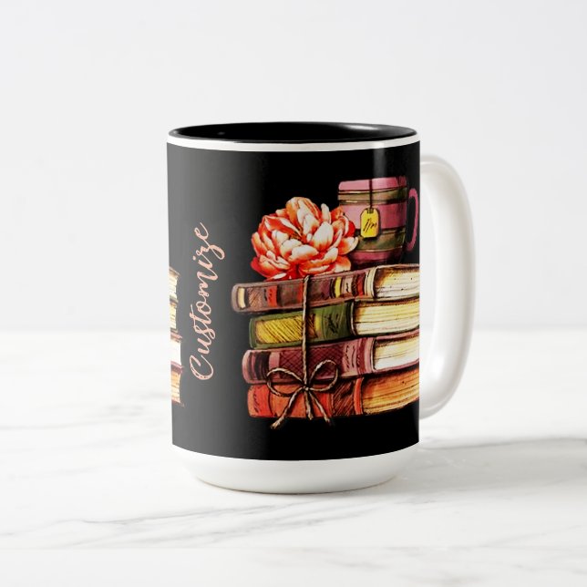 Caneca De Café Em Dois Tons Livros Personalizados E Chá (Frente Esquerda)