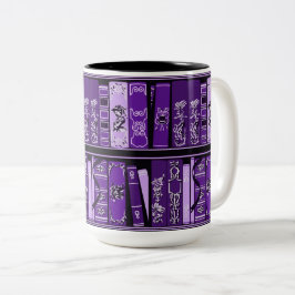 Caneca De Café Em Dois Tons Livros Roxos Prateleiras Livros Vintage