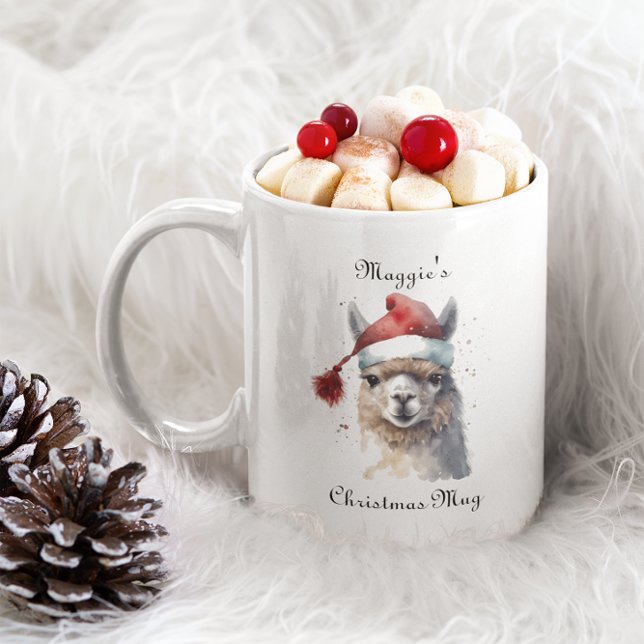 Caneca De Café Em Dois Tons Llama de Natal com Chapéu de Papai Noel e Texto Pe (Criador carregado)