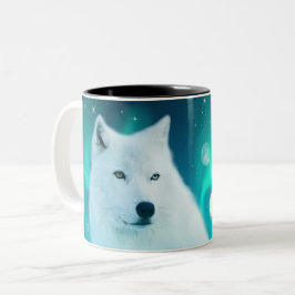 Caneca De Café Em Dois Tons Lobo árctico e noite mágica com luzes nortes