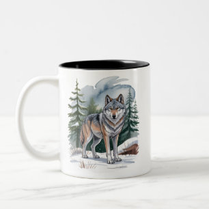 Caneca De Café Em Dois Tons Lobo Retro de Aquarela de Inverno Selvagem dos Ano