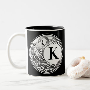 Caneca De Café Em Dois Tons Lobo Tribal - Monograma Sombreado