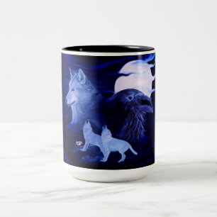 Caneca De Café Em Dois Tons Lobos e Raven com lua de cheio