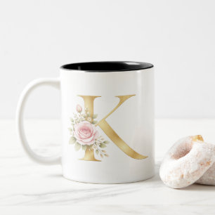 Caneca De Café Em Dois Tons Logotipo de Letra K Floral Dourado Elegante