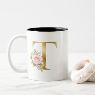 Caneca De Café Em Dois Tons Logotipo de Monograma de Letra T Floral Elegante