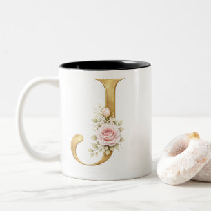 Caneca De Café Em Dois Tons Logotipo Monograma da Letra J Floral Dourado Elega