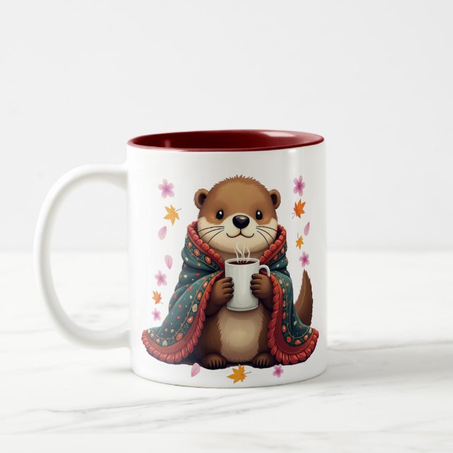 Caneca De Café Em Dois Tons Lontra Aconchegante - Lontra em Cobertor com Café  (Esquerda)