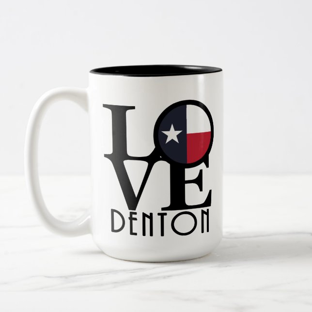 Caneca De Café Em Dois Tons LOVE Denton Texas 15oz (Esquerda)