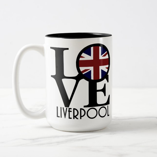 Caneca De Café Em Dois Tons LOVE Liverpool England (UK Flag) 15oz (Esquerda)