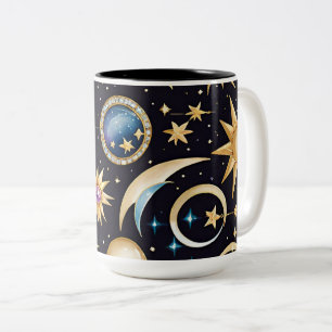 Caneca De Café Em Dois Tons Lua E Estrelas Celestiais