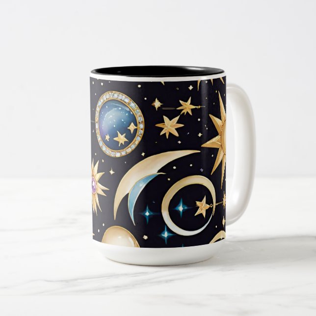 Caneca De Café Em Dois Tons Lua E Estrelas Celestiais (Frente Esquerda)