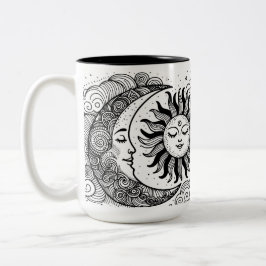 Caneca De Café Em Dois Tons Lua Solar Celestial e Estrelas - Coloração Persona