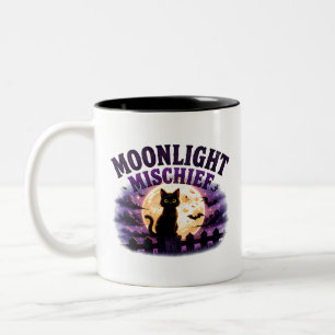 Caneca De Café Em Dois Tons 🐈⬛ Luar de Halloween Gato Preto Dizendo 🌕