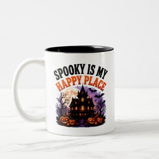 Caneca De Café Em Dois Tons 🎃 Lugar Feliz Ditado de Halloween de Fantasma 👻 (Esquerda)