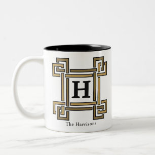 Caneca De Café Em Dois Tons Luxo Preto Dourado Família Est Monograma Chave Gre