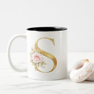 Caneca De Café Em Dois Tons Luxuoso Monograma de Letra S Floral Dourada