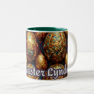 Caneca De Café Em Dois Tons ~ LYNDA ~ FELIZ PÁSCOA ~ Ovos Dourados ~