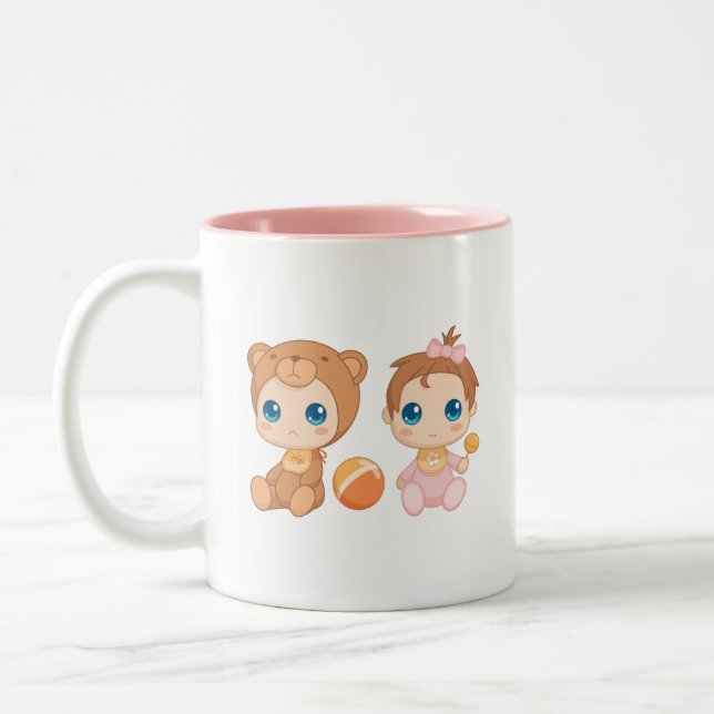 Caneca De Café Em Dois Tons Macacão de Gêmeas Bebês Meninas Urso (Esquerda)