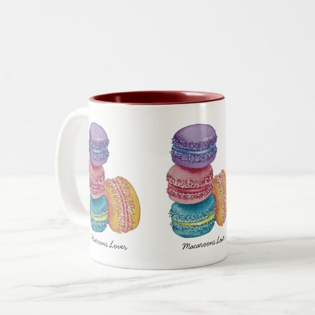 Caneca De Café Em Dois Tons Macarões Coxas Do Arco-Íris Em Aquarela (Frente Esquerda)