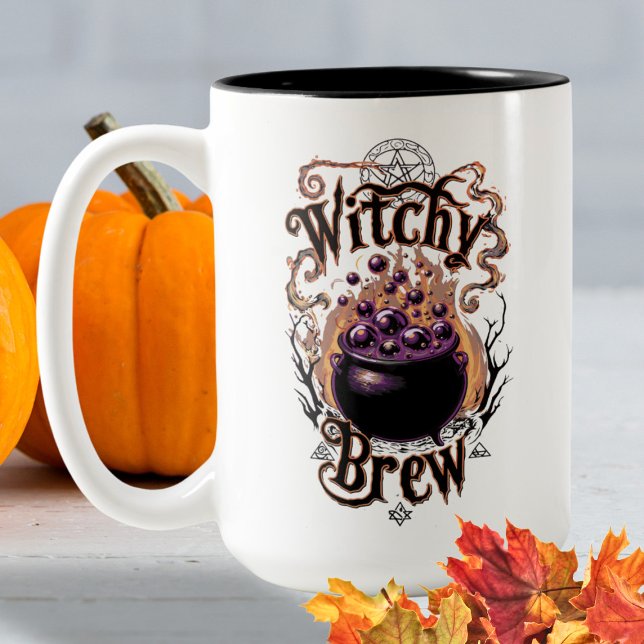 Caneca De Café Em Dois Tons Maçãs de Halloween Pretas, Spooky, Cauldron (Criador carregado)