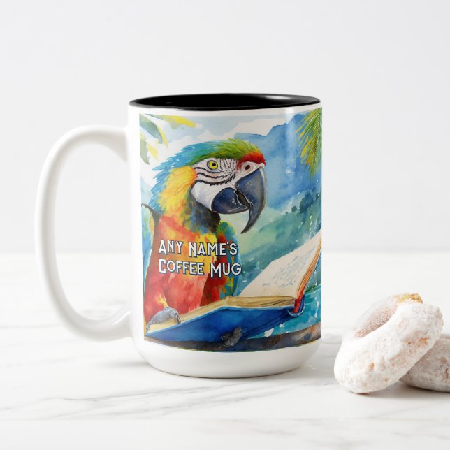 Caneca De Café Em Dois Tons Macaw Lendo o Grande Livro (Com Donut)