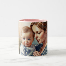 Caneca De Café Em Dois Tons Madre e Bebê Aquarela Arte