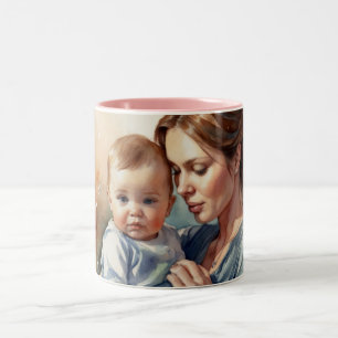 Caneca De Café Em Dois Tons Madre e Bebê Aquarela Arte