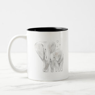 Caneca De Café Em Dois Tons mãe de elefante e aquarela de esboço de bebês c