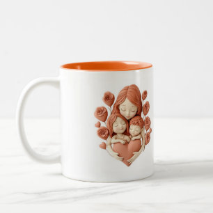 Caneca De Café Em Dois Tons Mãe e Crianças - Arte Cerâmica 3d