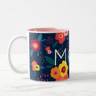 Caneca De Café Em Dois Tons Mãe, Floral Moderno em Azul e Coral
