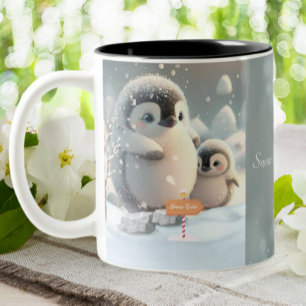 Caneca De Café Em Dois Tons Mãe Fofa & Bebê Pinguim na Neve Personalizado