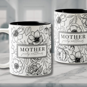 Caneca De Café Em Dois Tons Mãe Preto Branco Floral Mãe