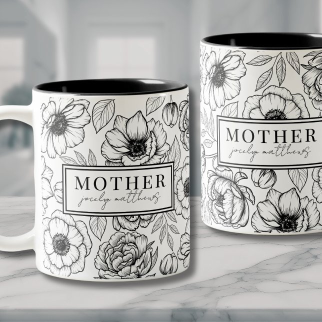 Caneca De Café Em Dois Tons Mãe Preto Branco Floral Mãe (Modern Black White Floral Two-Tone Coffee Mug)