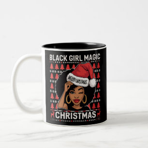 Caneca De Café Em Dois Tons Magia de Menina Preta Feliz Natal Afro-Americana