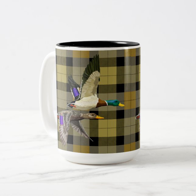 Caneca De Café Em Dois Tons Mallard Ducks Na Xadrez (Frente Esquerda)