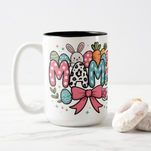 Caneca De Café Em Dois Tons Mamãe Bunny Páscoa Fofa e Gráfico de Ovos Colorido