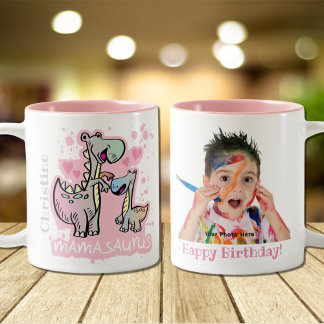 Caneca De Café Em Dois Tons Mamasaurus Dino Mamãe Feliz Foto de Aniversário