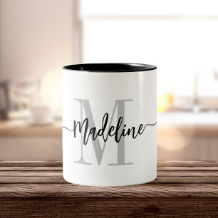 Caneca De Café Em Dois Tons Manchas Modernas de Script do Nome do Monograma Pe