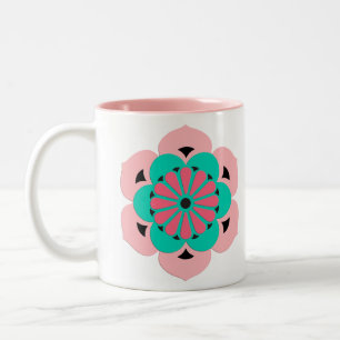 Caneca De Café Em Dois Tons Mandala da Flor de Lótus, Rosa Coral e Turquesa