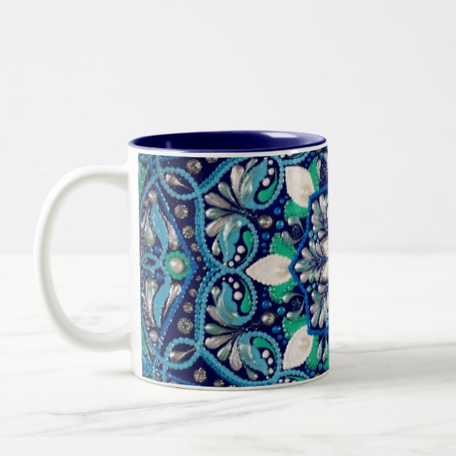 Caneca De Café Em Dois Tons Mandala de arte de pontos azuis (Esquerda)