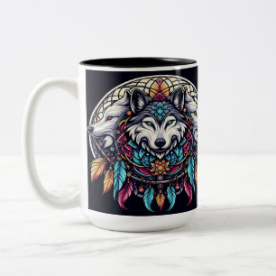 Caneca De Café Em Dois Tons Mandala de Lobo com Cores Vibrantes e Apanhador de