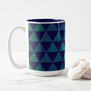 Caneca De Café Em Dois Tons Mandala Geométrico de Triângulo Azul Verde Padrão