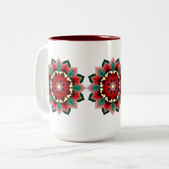 Caneca De Café Em Dois Tons Mandala Padrão 02 em vermelho (Frente Esquerda)