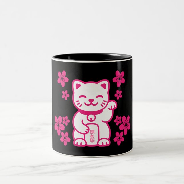 Caneca De Café Em Dois Tons Maneki-neko japonês rosa (Centro)